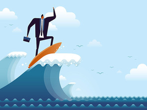 business concept illustration, suited man riding on a surfboard, representing his career peak