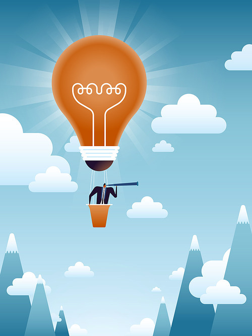 business concept illustration, suited man exploring new markets in a light bulb balloon