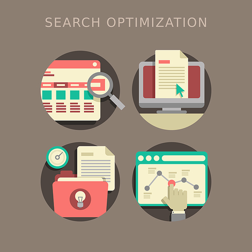 flat design of the SEO website searching optimization process