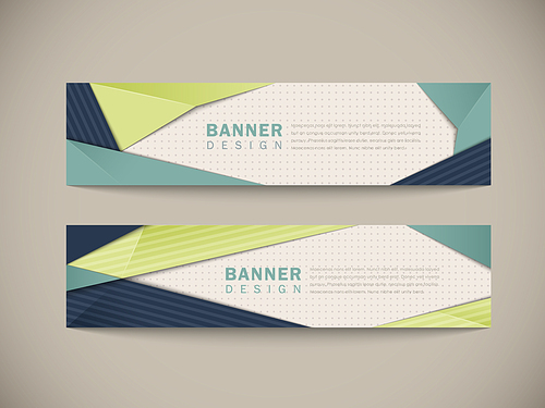 trendy banner set design with origami style elements in blue and green