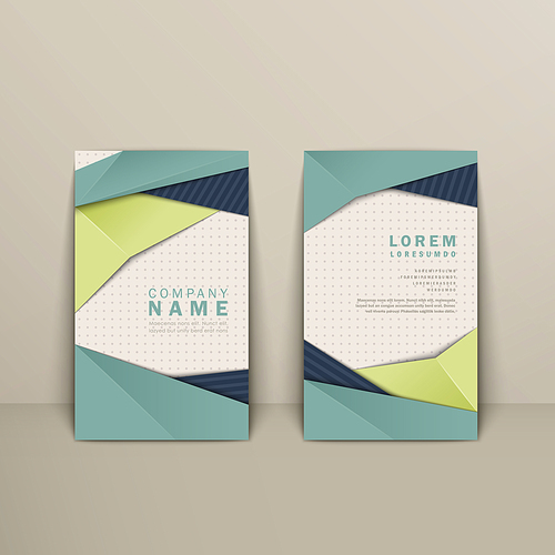 trendy business card design with origami style elements in blue and green