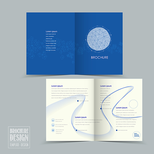 simplicity half-fold brochure template design with geometric patterns in blue