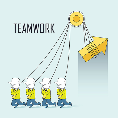 teamwork concept: businessmen pulling up an arrow together in line style