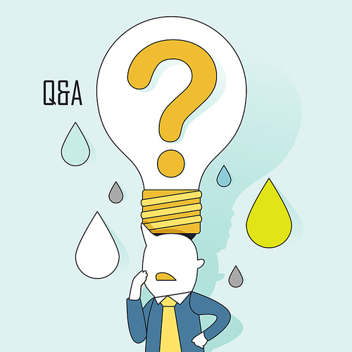 question and answer concept: a big question bulb on businessman's head in line style
