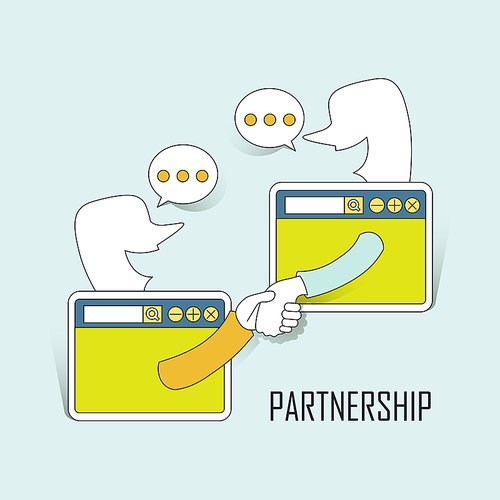partnership concept: two businessmen shaking their hands through internet in line style
