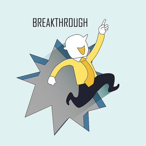 breakthrough concept: a businessman jumping out from the wall in line style