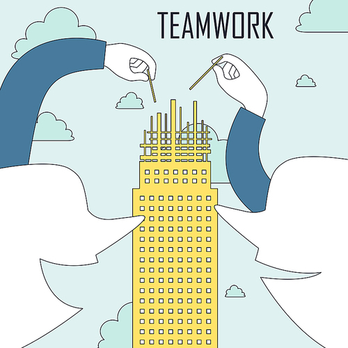 teamwork concept: two people constructing a building together in line style