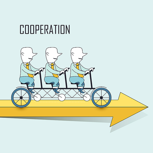 cooperation concept: businessmen riding a tandem bicycle in line style