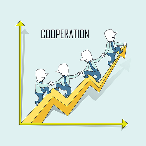 cooperation concept: businessmen riding a growing up arrow in line style