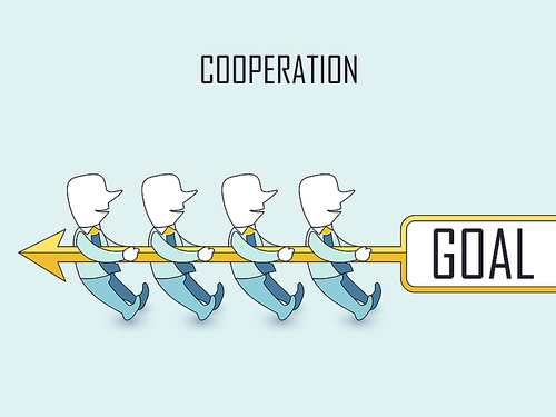 cooperation concept: businessmen doing tug of war with their goal in line style