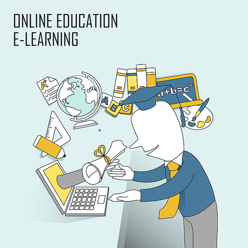 online education concept: receiving diploma through computer screen in line style