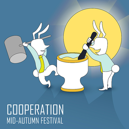 cooperation concept: two rabbits pounding mochi on Mid-Autumn Festival in line style