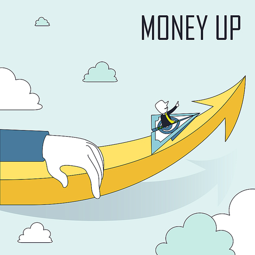 money up concept: a man sitting on a flying paper plane in line style