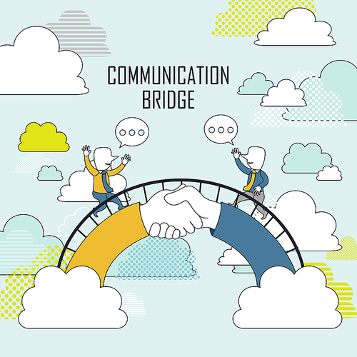 cooperation concept: two businessmen on communication bridge in line style