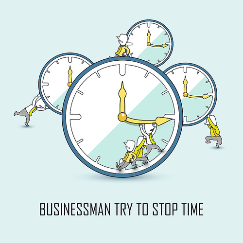 time management concept: businessmen trying to stop time in line style