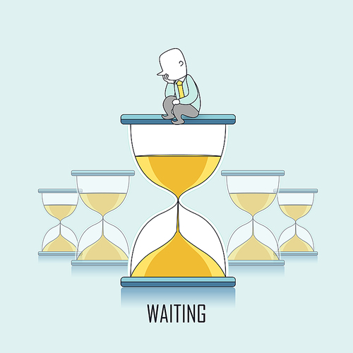 waiting concept: businessman keeps waiting and sitting on a hourglass in line style