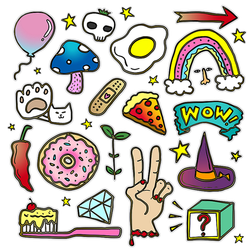 Lovely patch badges set, donut, hand, mushroom and other elements for decoration. Embroidery or stickers in cartoon style.
