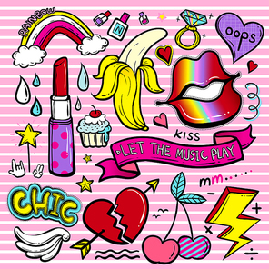 Fashion patch badges set, lips, banana, cherry, rainbow and other elements for decoration. Embroidery or stickers in cartoon style.