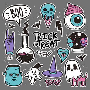 Halloween patch badges set, weird elements collection for decoration. Embroidery or stickers in cartoon style.