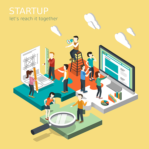 flat 3d isometric design of business startup concept