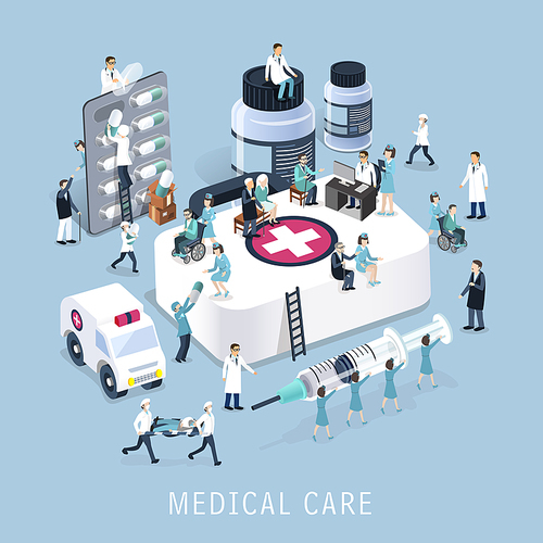 flat 3d isometric design of medical care concept
