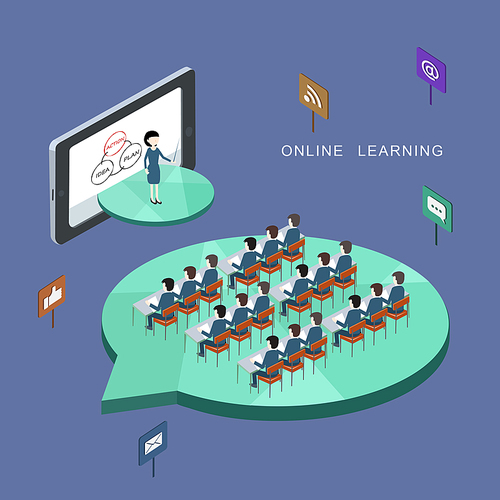 flat 3d isometric design of online learning concept
