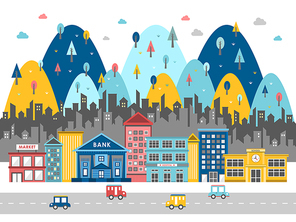 colorful city street scene in flat design style