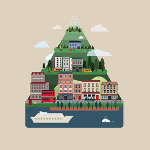 lovely hills houses and city landscape in flat design