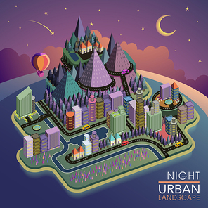 flat 3d isometric night urban landscape illustration over purple background