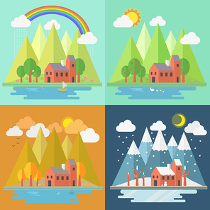 lovely house scenery four seasons in flat design style