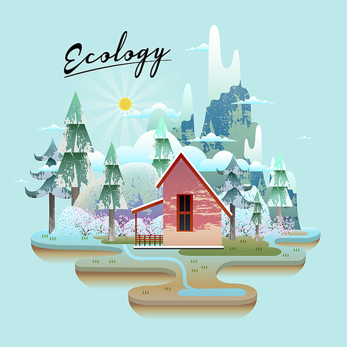 Ecology concept design, beautiful snow woodland with red house