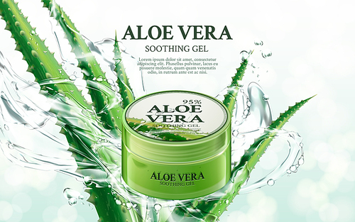 aloe vera soothing gel, contained in green jar, with aloe and splash elements, 3d illustration