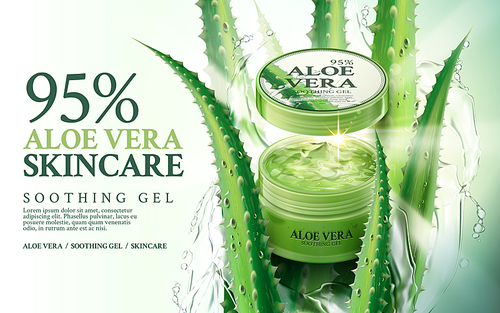 aloe vera soothing gel, contained in green jar, with aloe and water splash elements, 3d illustration