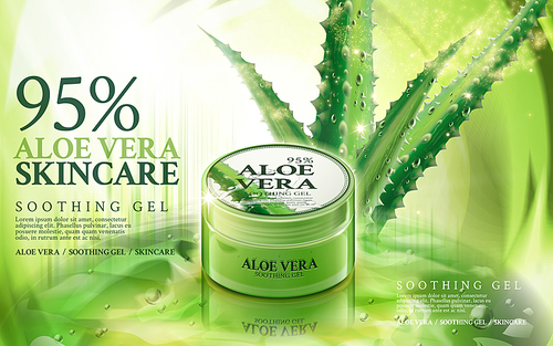 aloe vera soothing gel, contained in green jar, with aloe and magical light elements, 3d illustration