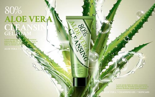 aloe vera cleansing foam, contained in green tube, with aloe and water flow elements, 3d illustration