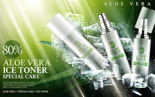 aloe vera ice toner contained in bottles, with aloe and cube elements, 3d illustration