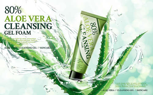 aloe vera cleansing foam, contained in green tube, with aloe and water flow elements, bright background, 3d illustration