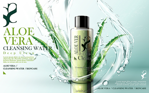 aloe vera cleansing foam, contained in green bottle, with aloe and water flow elements, bright background, 3d illustration