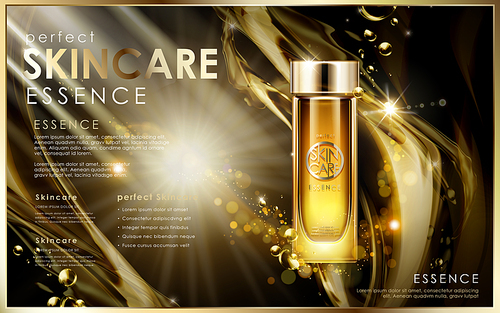 perfect golden skincare essence, contained in glass bottle, universe background, 3d illustration