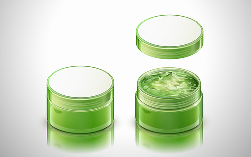 green gel product contained in plastic jar, isolated white background, 3d illustration