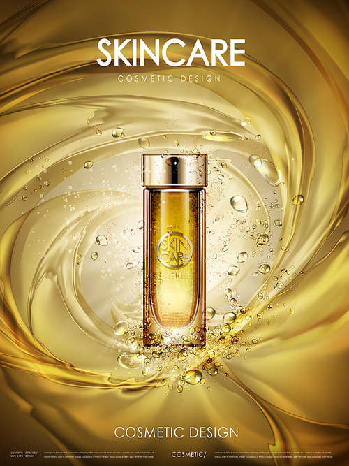 cosmetic golden essence contained in glass bottle, golden background, 3d illustration