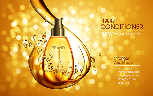 hair conditioner contained in golden bottle, shining bokeh background, 3d illustration