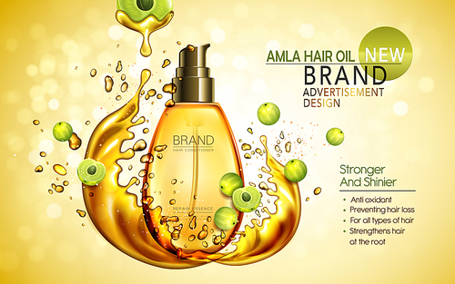 amla hair oil contained in golden bottle with amla elements, 3d illustration