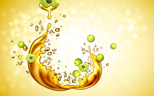 golden oil flow with green amla elements, 3d illustration