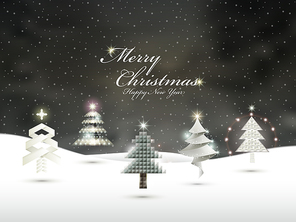 various Christmas trees isolated on snowy night
