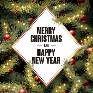 merry christmas happy new year, written in a white diamond, green plant background with baubles and small bulbs