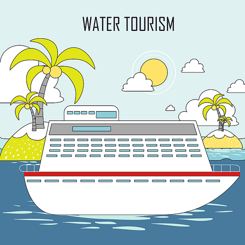 water tourism concept: cruise and island in line style