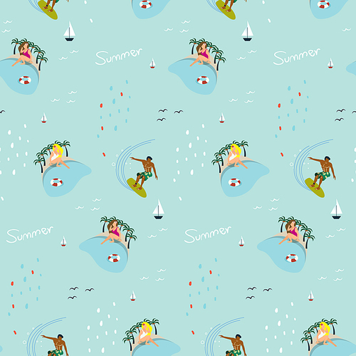 Seamless pattern of woman by the swimming pool and man surfing in sea water