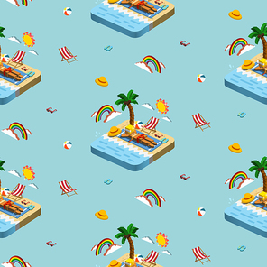 seamless pattern of summer recreation concept 3d isometric infographic with sunbathing scene on blue