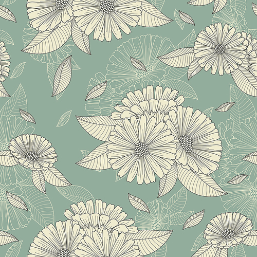 chamomile retro seamless pattern over blue background